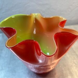 Vintage Murano Art Glass Hand Made Red Handkerchief Vase Cased Green Gradation